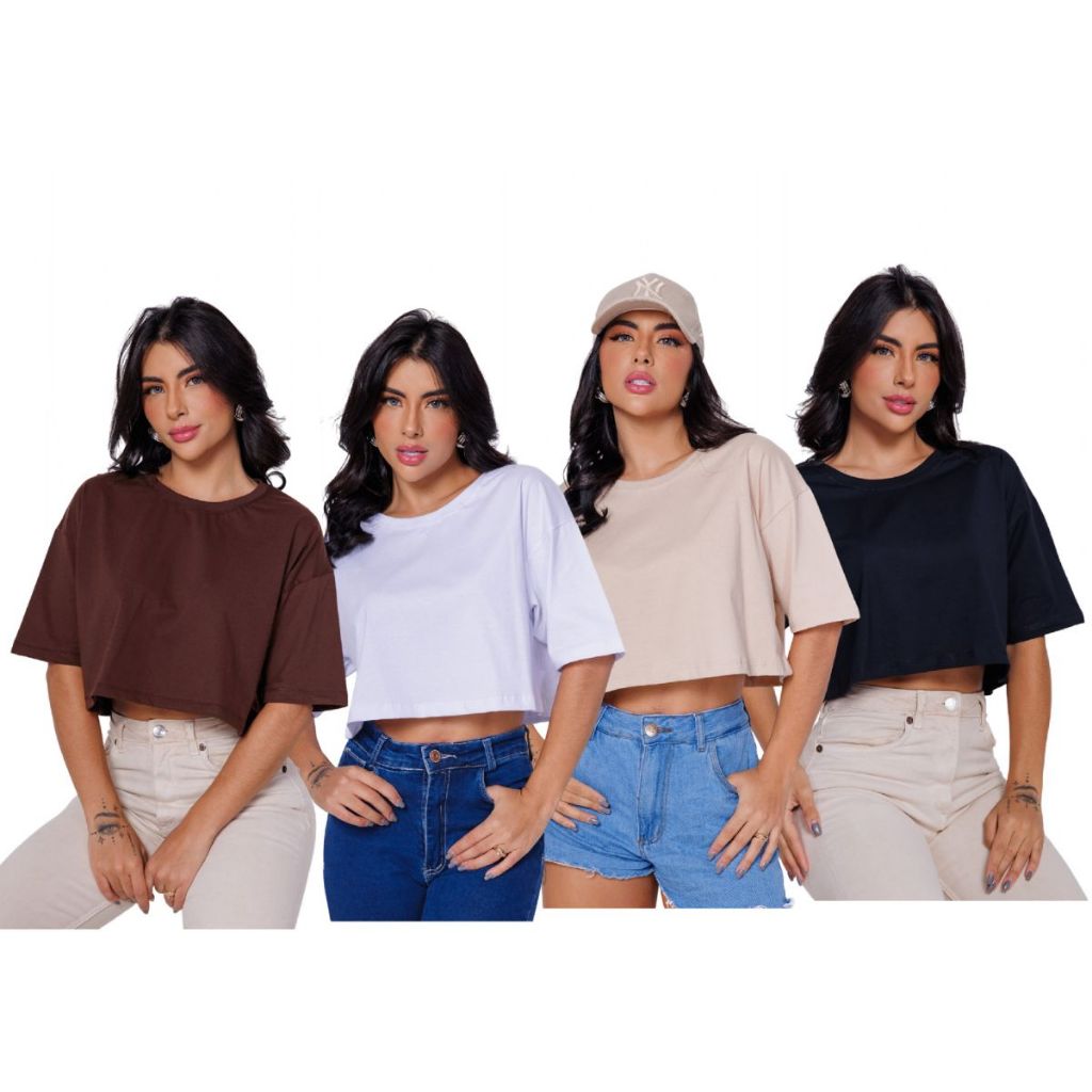 Kit 4 Camiseta Feminina Cropped Básica De Malha Algodão Plus Size em Oferta na Shopee