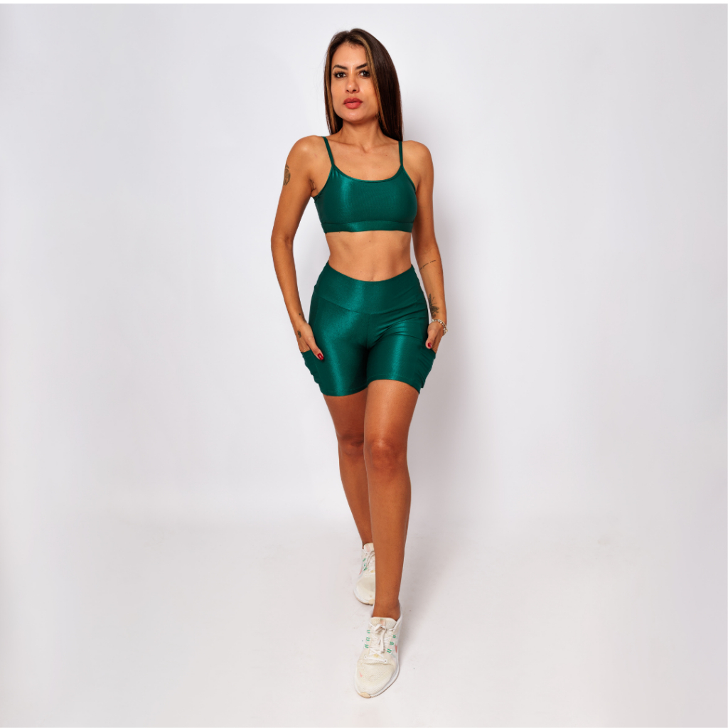 Conjunto Bermuda Bolso + Top Fita Micro Canelado Meia Coxa Mais Comprida Abertura Bojo