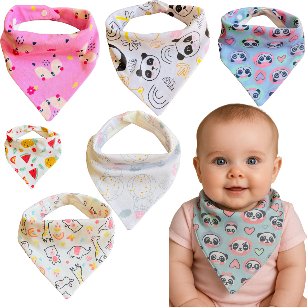 Kit  10 Babadores Bandana Bebe com 2 Botão 100% Algodão Ajuste Regulável em Oferta na Shopee