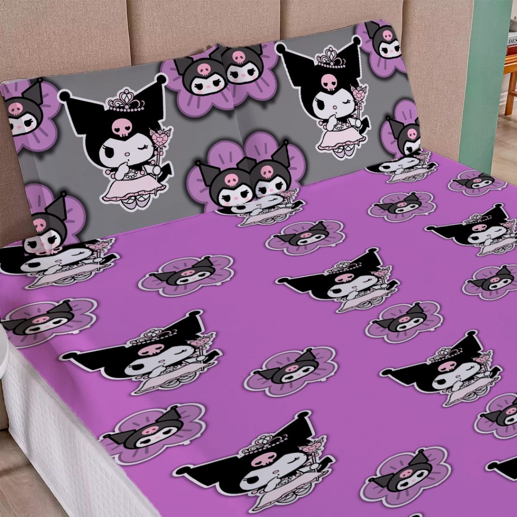Kit lençol Casal kuromi Hello Kitty 3 peças - Casal Solteiro Queen - kit lençol kuromi em Oferta na Shopee