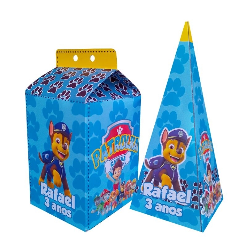 kit 5 Caixinhas Milk + 5 Caixinhas Pirâmide Lembrancinha de Aniversário Personalizada Patrulha Canina
