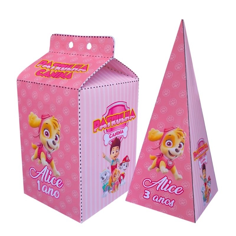 kit 5 Caixinhas Milk + 5 Caixinhas Pirâmide Lembrancinha de Aniversário Personalizada Patrulha Canina