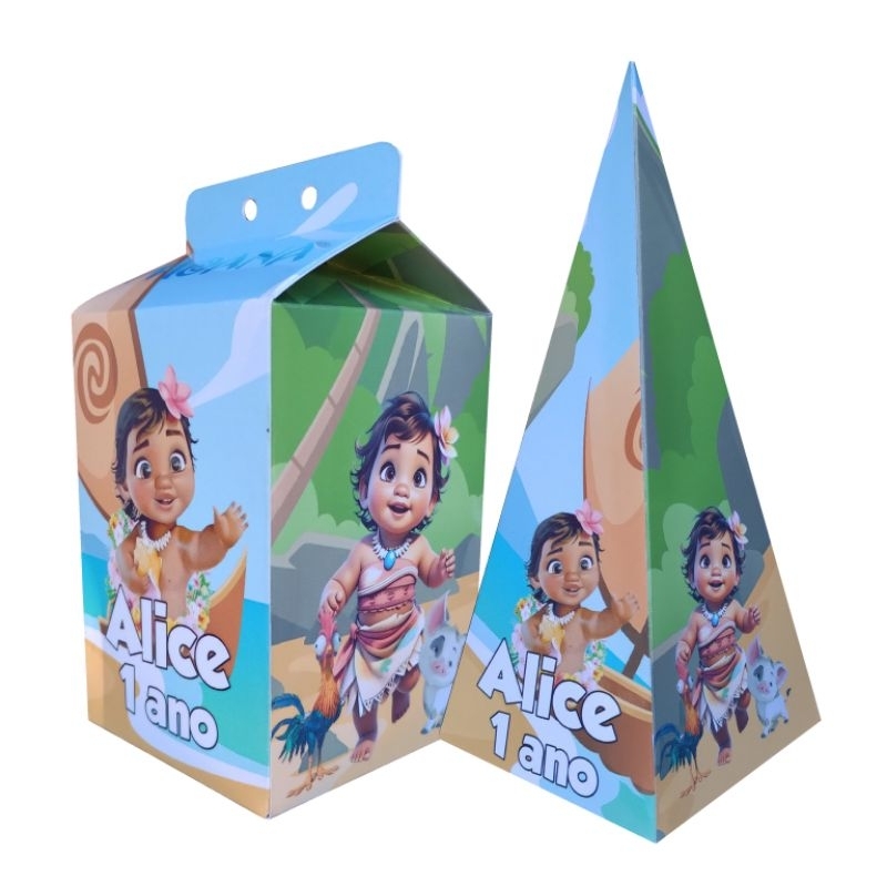 kit 5 Caixinhas Milk + 5 Caixinhas Pirâmide Lembrancinha de Aniversário Personalizada Moana