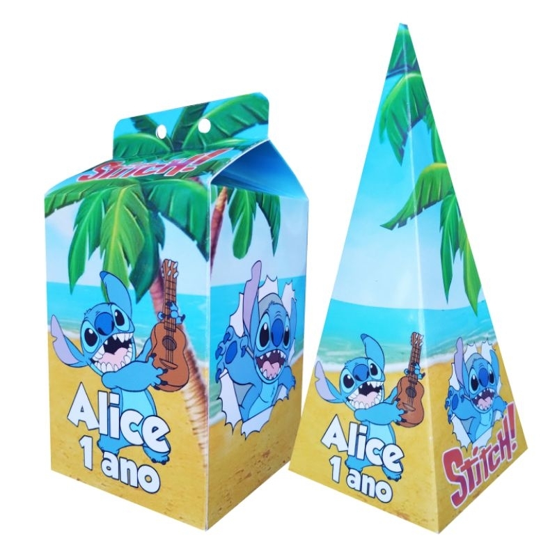 kit 5 Caixinhas Milk + 5 Caixinhas Pirâmide Lembrancinha de Aniversário Personalizada Stitch