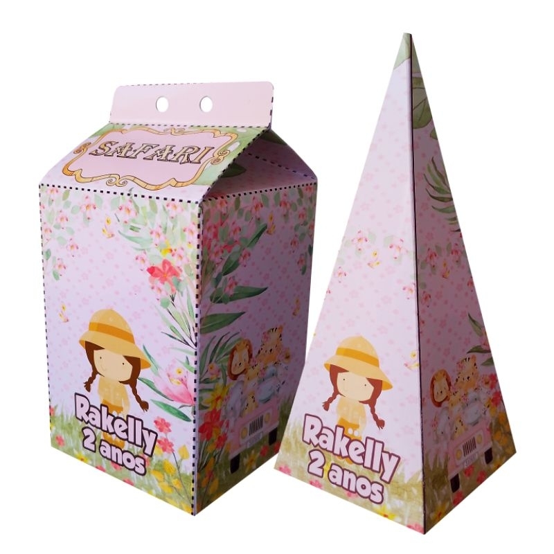 kit 5 Caixinhas Milk + 5 Caixinhas Pirâmide Lembrancinha de Aniversário Personalizada Safari Baby