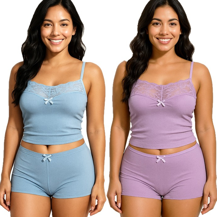 Kit 2 Baby Doll Canelado Azul/Violeta Com Renda Confortável Com Toque Aveludado K2AVBDCRCTA0000065