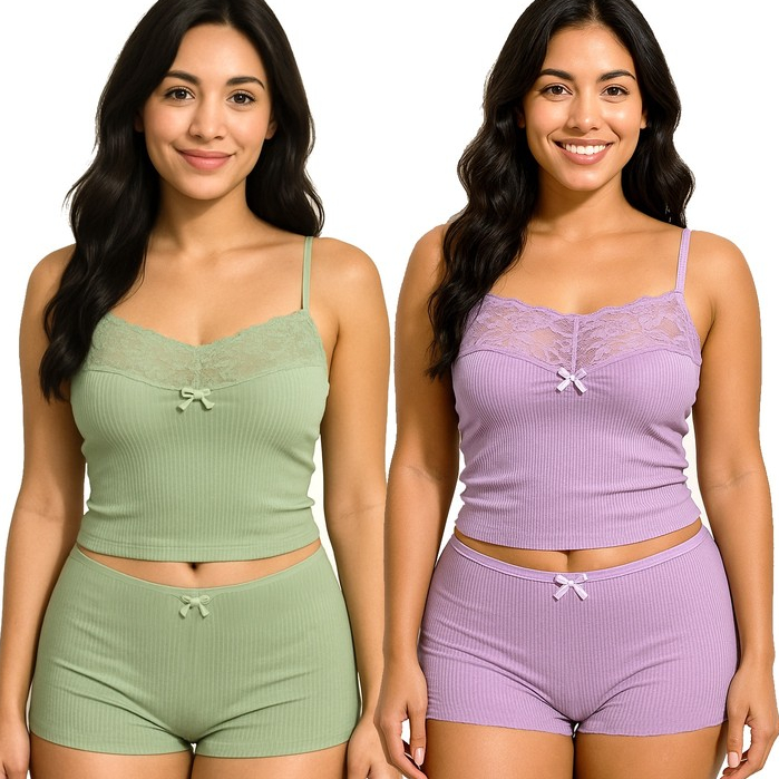 Kit 2 Baby Doll Canelado Verde/Violeta Com Renda Confortável Com Toque Aveludado K2VVBDCRCTA0065