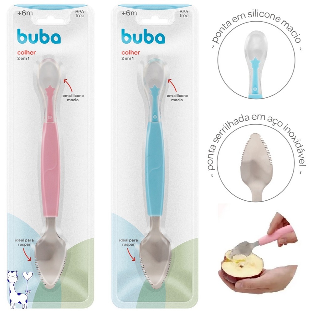 Colher 2 em 1 Bebê Buba Silicone Macio para Introdução Alimentar Papinha + Frutinha