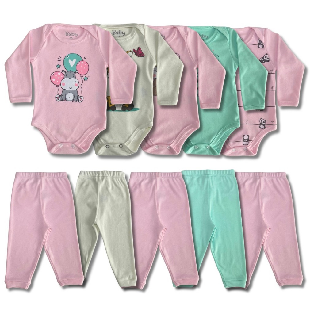 Kit 10 Peças de Roupas para Bebê menina sortido 5 body pagão+5 calças/mijão primavera algodão