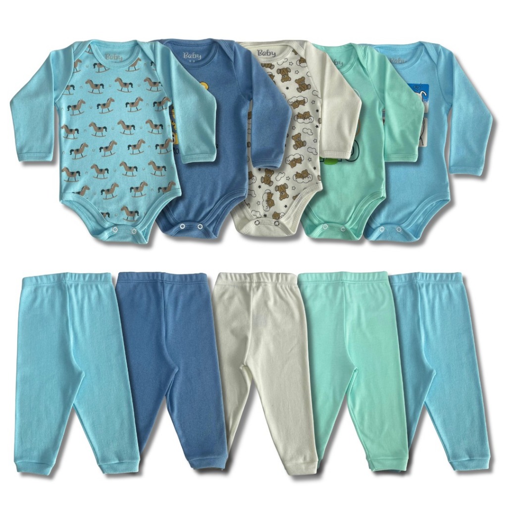 Kit 10 Peças de Roupas para Bebê menino sortido 5 body pagão+5 calças/mijão primavera algodão
