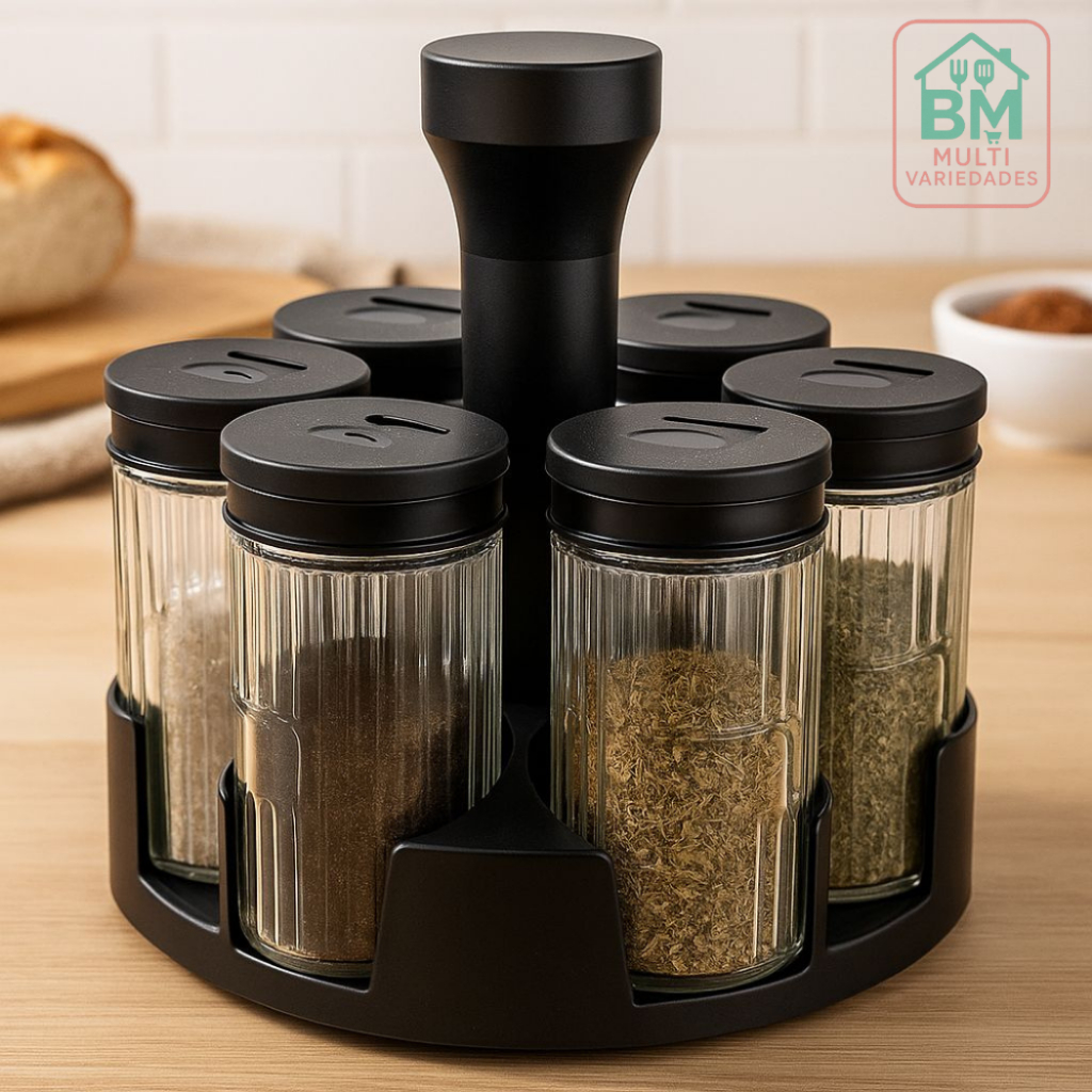 Porta Tempero e Condimento Giratório Com 6 Pote de Vidro 85ml Para Cozinha Moderno Luxuoso
