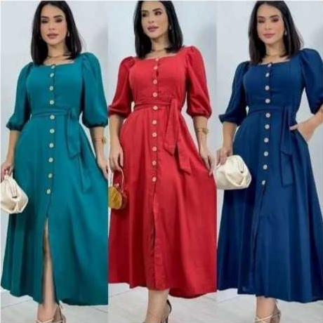 Vestido Mídi Feminino com Botão na frente  funcional com cinto em Oferta na Shopee