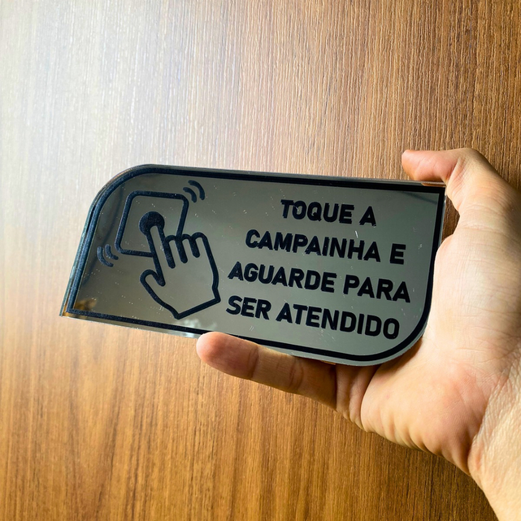 Placa Toque a Campainha Acrílico Espelhado 17x8cm com Fita Dupla Face em Oferta na Shopee