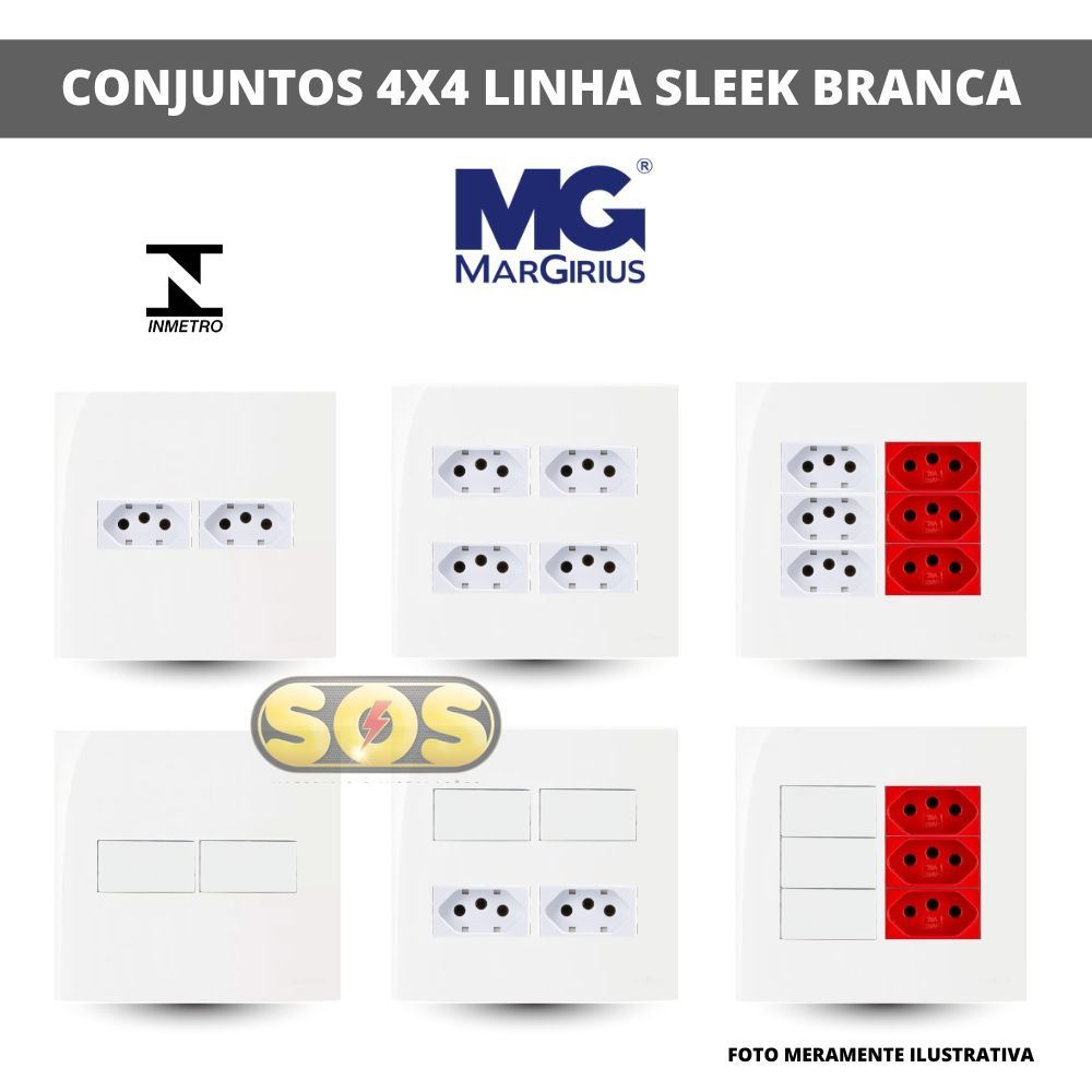 CONJUNTOS 4X4 TOMADAS 10A, 20A, INTERRUPTOR SIMPLES, PARALELO, PLACA CEGA SLEEK BRANCA MARGIRIUS