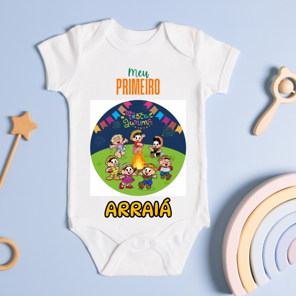 Body Infantil Meu Primeiro Arraiá – Turma da Mônica | Festa Junina (serve também em bebê reborn)