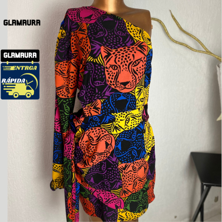 Vestido Feminino Soltinho Midi Glamaura  sem Bojo Mula Manca com Zipper Crepinho Estampa Onça