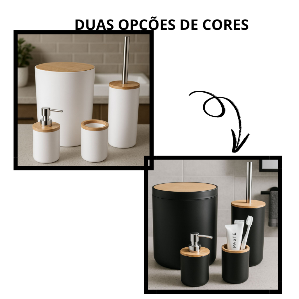 Kit Banheiro 4 Peças Tampa Bambu Plástico Lixeira Escova Sanitária Porta Sabonete Redondo Quadrado