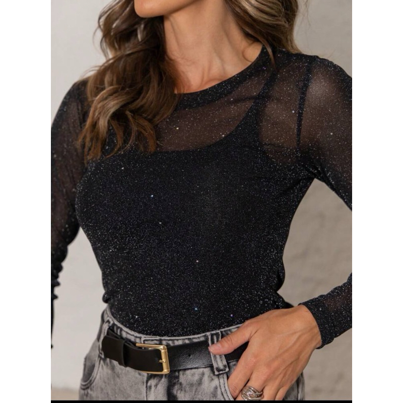 BLUSA TULE MANGA LONGA em Oferta na Shopee