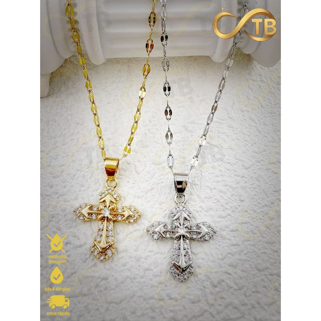 TB Moda Colar Cruz Folheado Ouro 18K com Zircônias Pingente Feminino Luxuoso Presente Religioso em Oferta na Shopee
