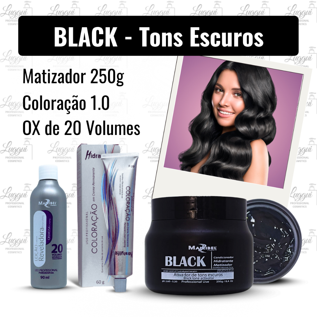 Combo Cabelos Pretos e Tons Escuros com Coloração 1.0 + Matizador Black 250g + OX 20 vol. Mairibel