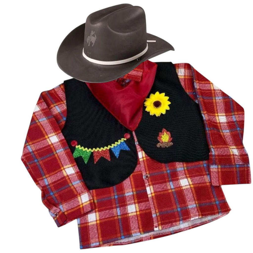 Roupa Caipira De Festa Junina Camisa Infantil Menino Manga Longa Outono Inverno Com Colete Junino E Chapéu Temático