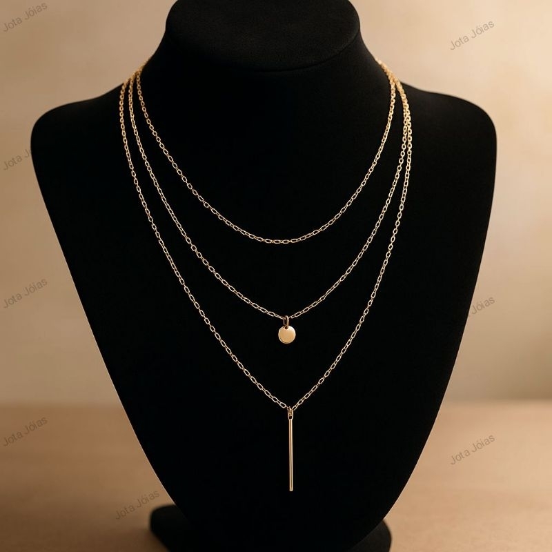 Colar Feminino Folheado Chocker 3 Multi Camadas Pingente de Medalha Dourado Prata Banhado em Oferta na Shopee