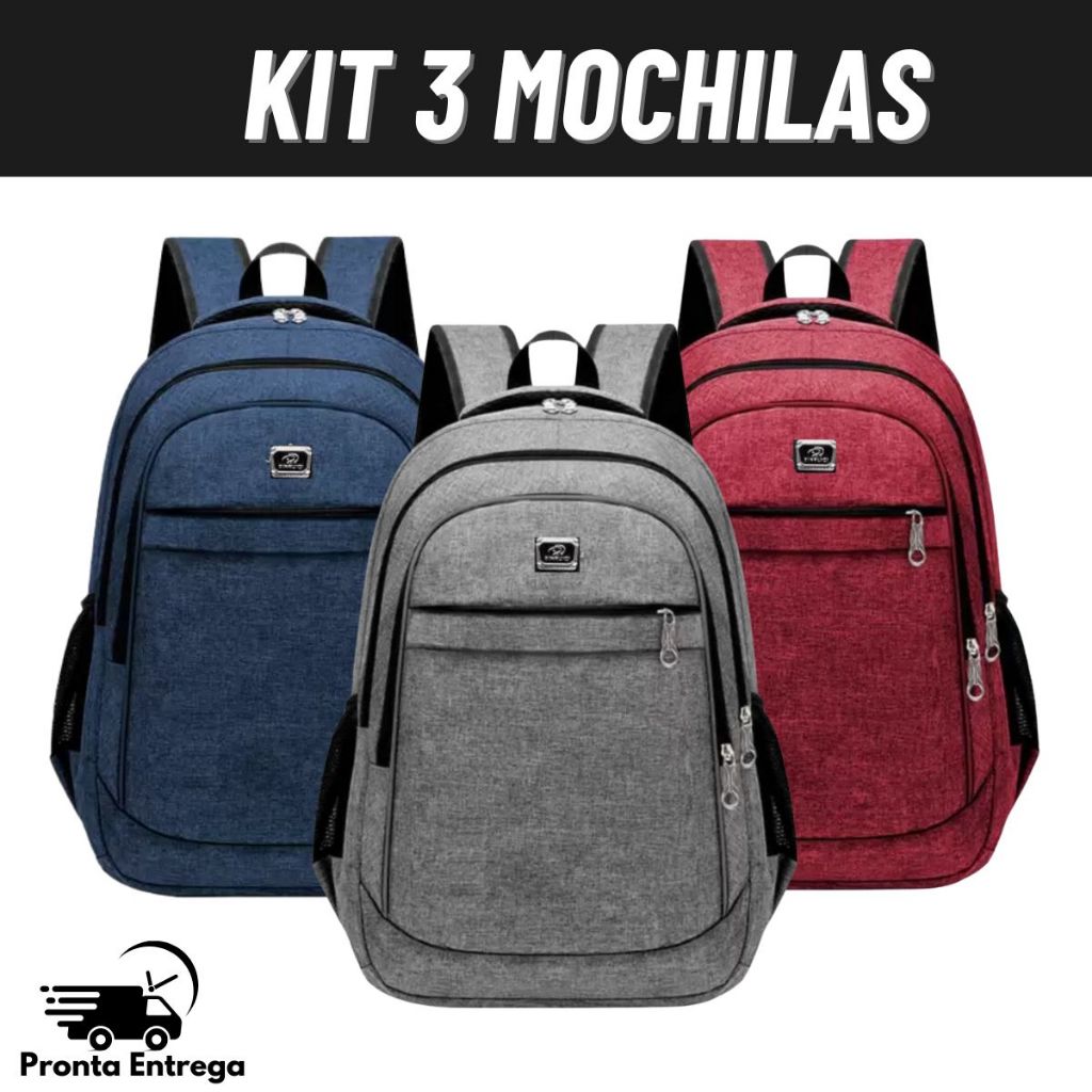 Kit 3 Mochilas Bolsa Reforçada Compartimento Para Notebook Resistente Trabalho Faculdade