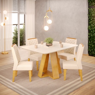Conjunto Sala de Jantar 4 Cadeiras Tampo de Vidro DJ Móveis Kiara Cedro Lidia Linho Neve em Oferta na Shopee