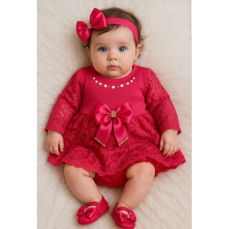 kit vestido manga longa para bebê menina + laço + sapatinho + calcinha tapa fralda festas em geral