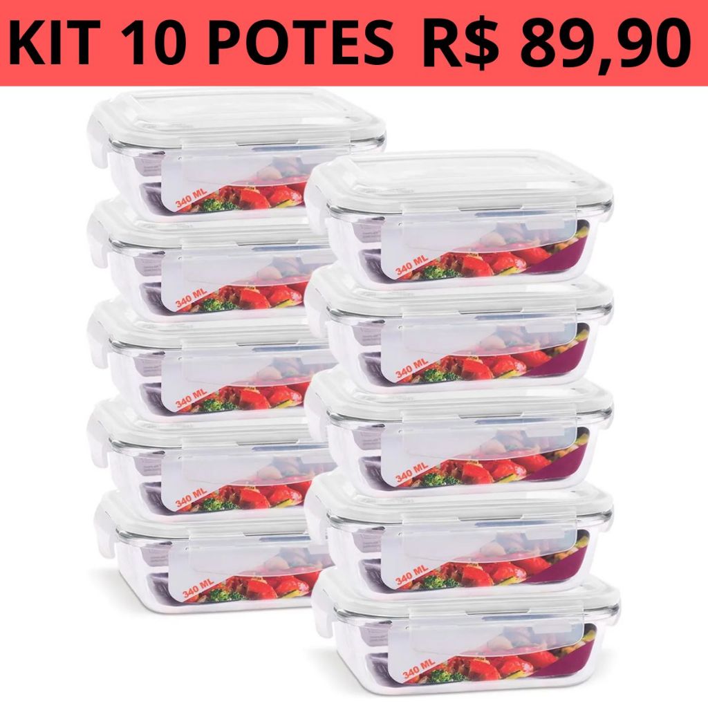 Kit 10 Pote Hermético de Vidro 340ml Marmita Fit Tampa 4 Travas Freezer Microondas Geladei...