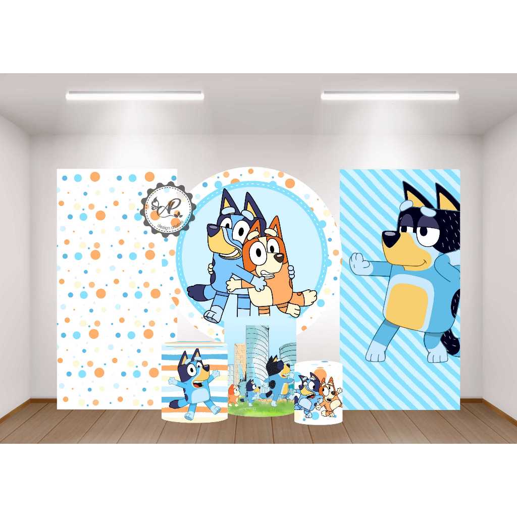 KIT PARA FESTAS, TEMA BLUEY, REDONDO 1,5m DE DIÂMETRO + CILINDROS + 2 VERTICAIS 200X100