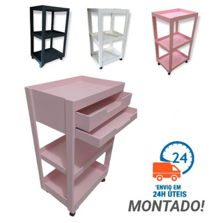 Carrinho Auxiliar 3 Prateleiras Com Rodinhas Para Manicure MONTADO Branco/Preto/Rosa/Cru Organizador