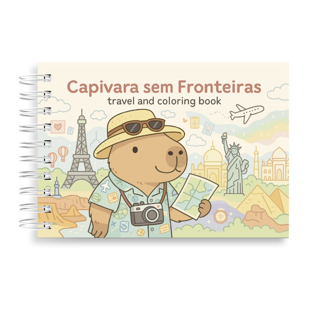 Livro De Colorir Capivara Sem Fronteiras 44 Folhas 180g Capa Dura Fofo Viagem Mundo Kawaii