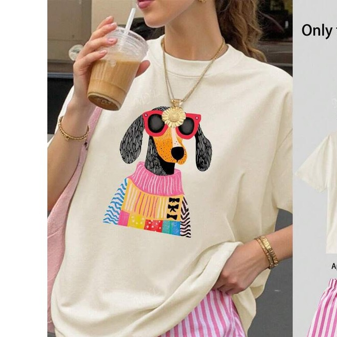 Camiseta Casual de Verão com Camiseta Larga com Estampa de Filhote de Salsicha Lançamento ...