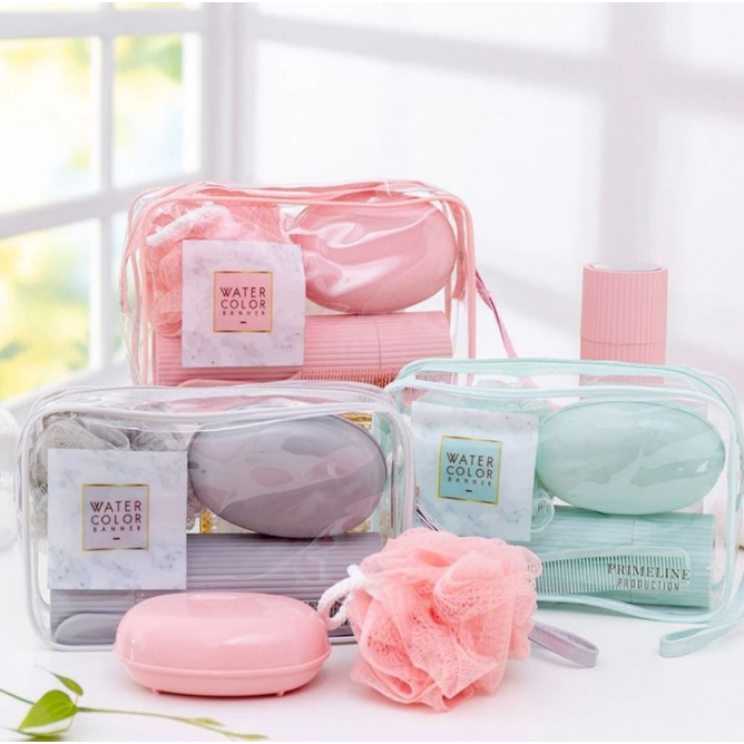 5 Peças Kit de Viagem Com Bolsa Porta Escova Pente Saboneteira e Ducha Compacto Para Viagem