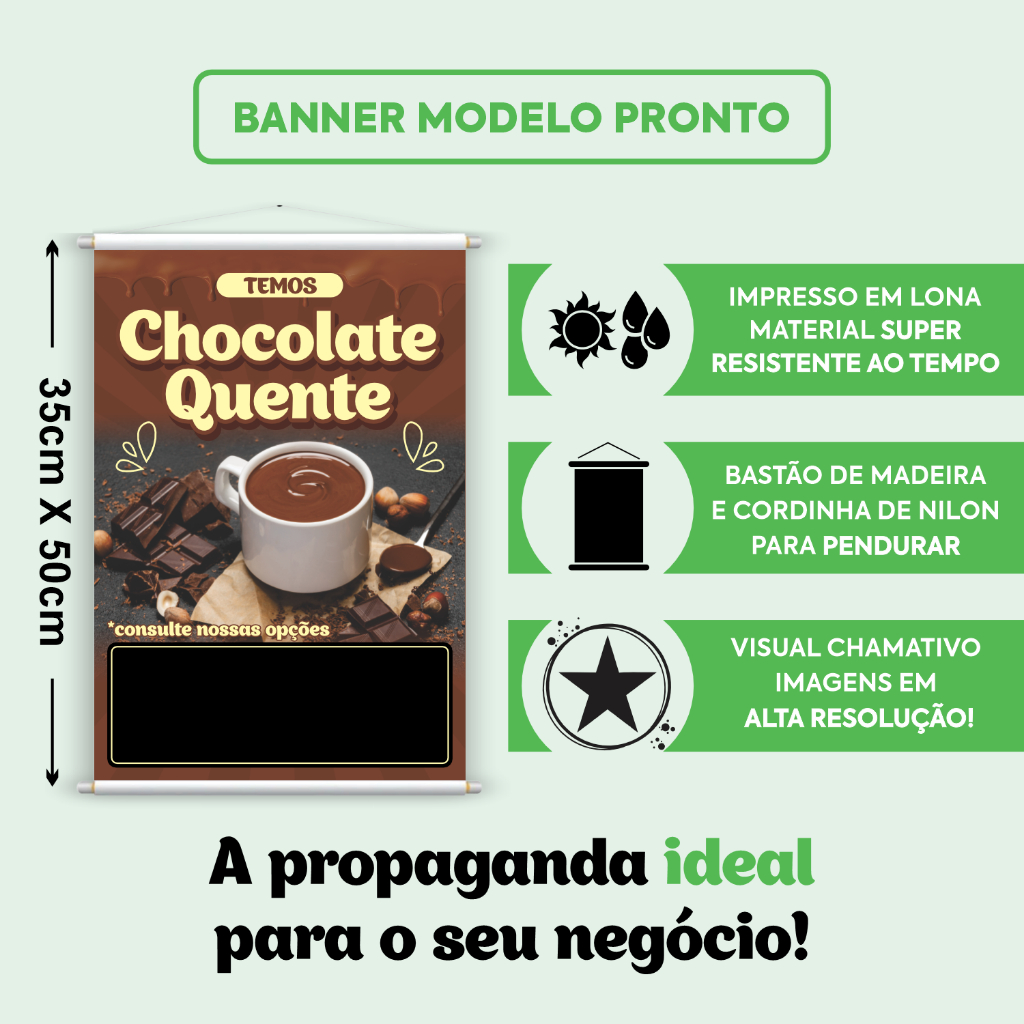 Banner Pronto Chocolate Quente 35x50cm Cafeteria Lanchonete Padaria Faixa Preço Pendurar Loja 1un