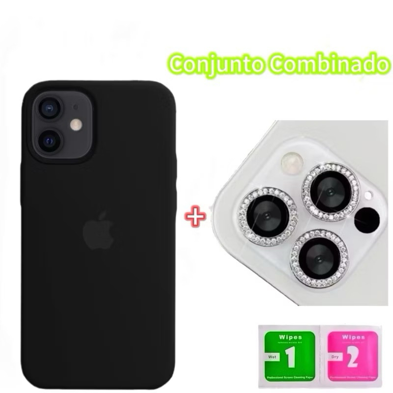 Kit Capinha Silicone Aveludado Original+Lente Película De Câmera Diamante Para iphone11 12 13 Pro Promax em Oferta na Shopee
