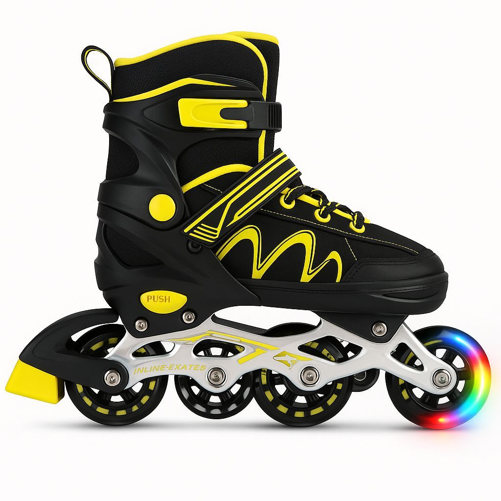 Patins Infantil inline Sport LED nas Roda Dianteira - Preto/Amarelo Regulável, Confortável e Seguro!