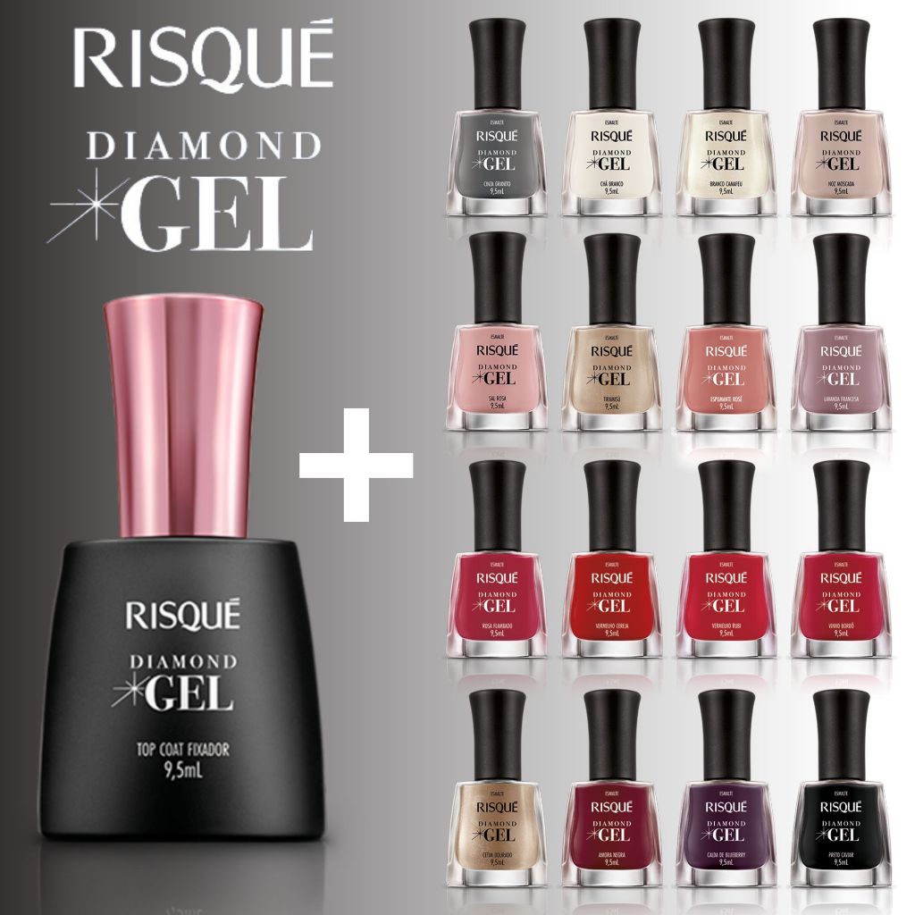 Kit 2 Esmalte Diamond Gel Risque Cor + Top Coat Fixador Kit Manicure Escolha Cor
