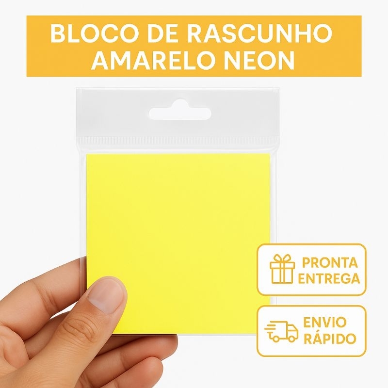 Bloco Adesivo Amarelo Neon 76x76mm - Anotações Rápidas - Organização - Escola - Escritório - Post-it