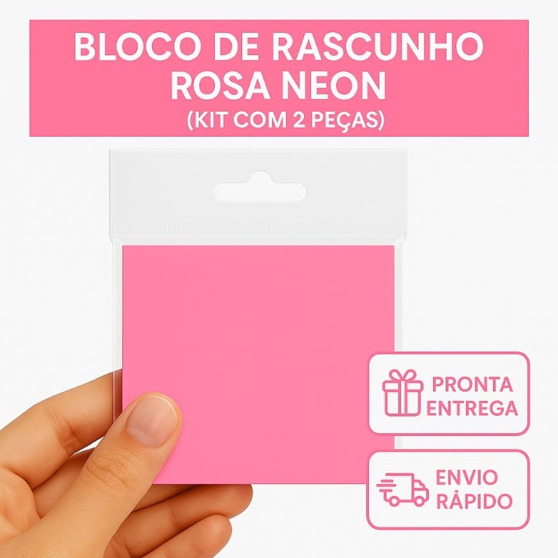 Kit 2 Blocos Adesivos Rosa Neon 76x76mm - Anotações - Organização - Escola - Escritório - Papelaria