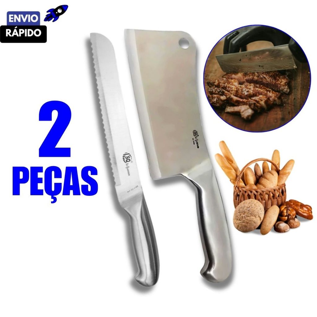 Kit 2 ou 1 Peça Faca de Pão 8" + Cutelo 6" Inteiriço em Aço Inox Linha Profissional
