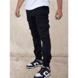 Calça Jogger Masculina Cargo Jeans Claro Cos Elástico Cordão Sarja Preto Com Bolsos Laterais Premium