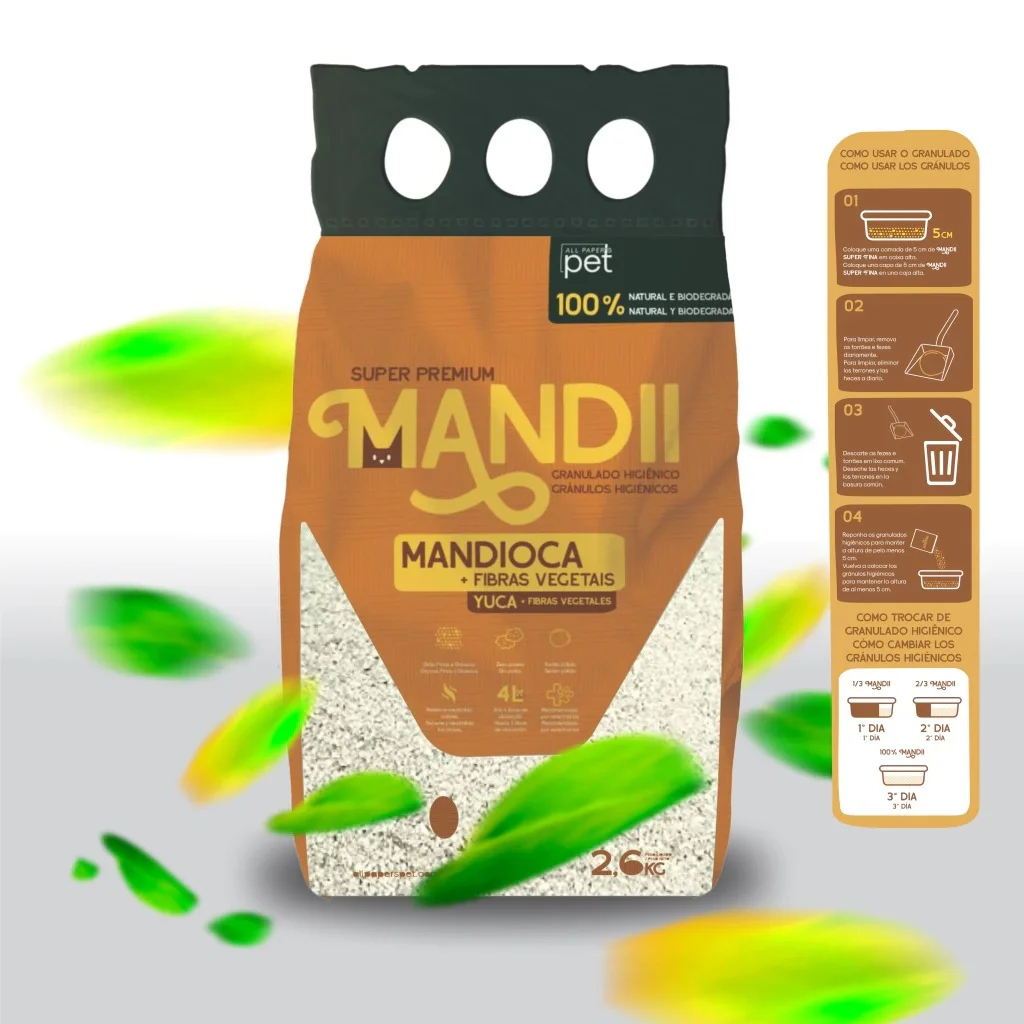 Granulado Sanitário para Gatos Mandii 2,6kg Areia Higiênica de Mandioca Fina, Fibras Vegetais 100% em Oferta na Shopee