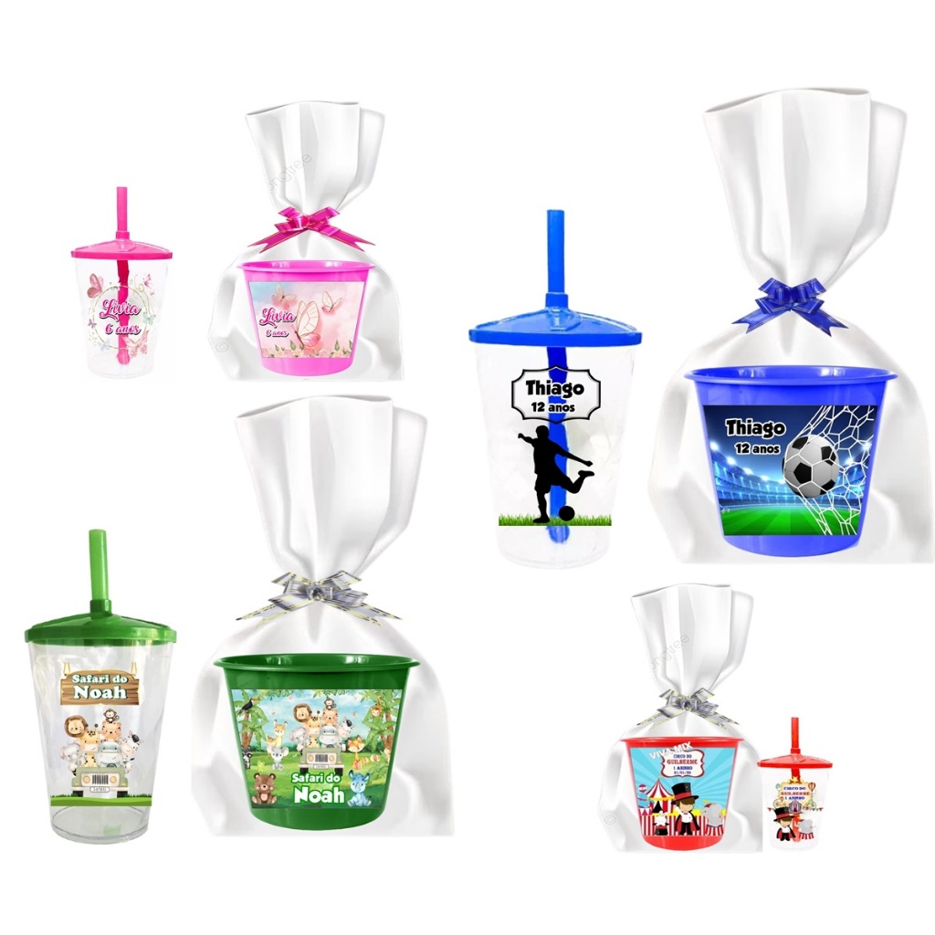 10 Copos Twister + 10 Baldes de Pipoca Kit Festa Personalizado Dino Baby com embalagem