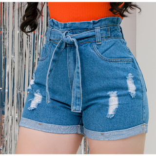 Short Jeans Bermuda Feminino Luxo Cintura Alta Destroyed Hot Pants Modela Bumbum Blogueira Barra Desfiada