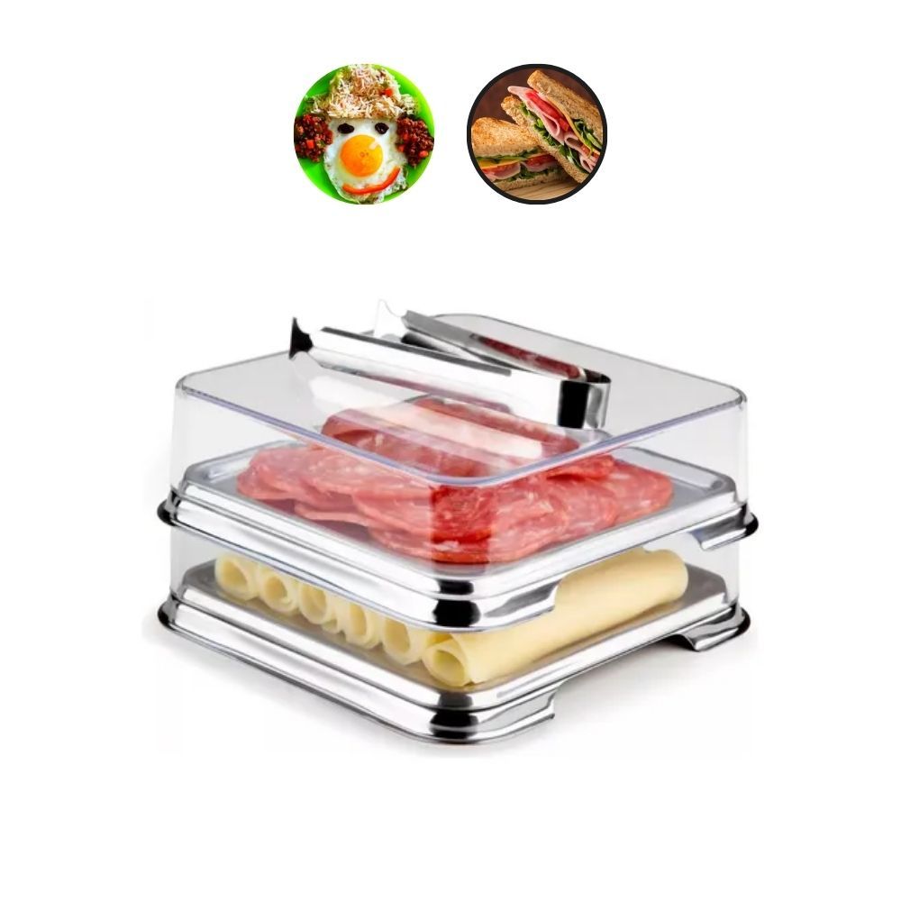 Conjunto Porta-Frios Forma Inox Vision Duplo com pinça presunto queijo geladeira 15,5 × 15,5 x 9 cm - 3 peças