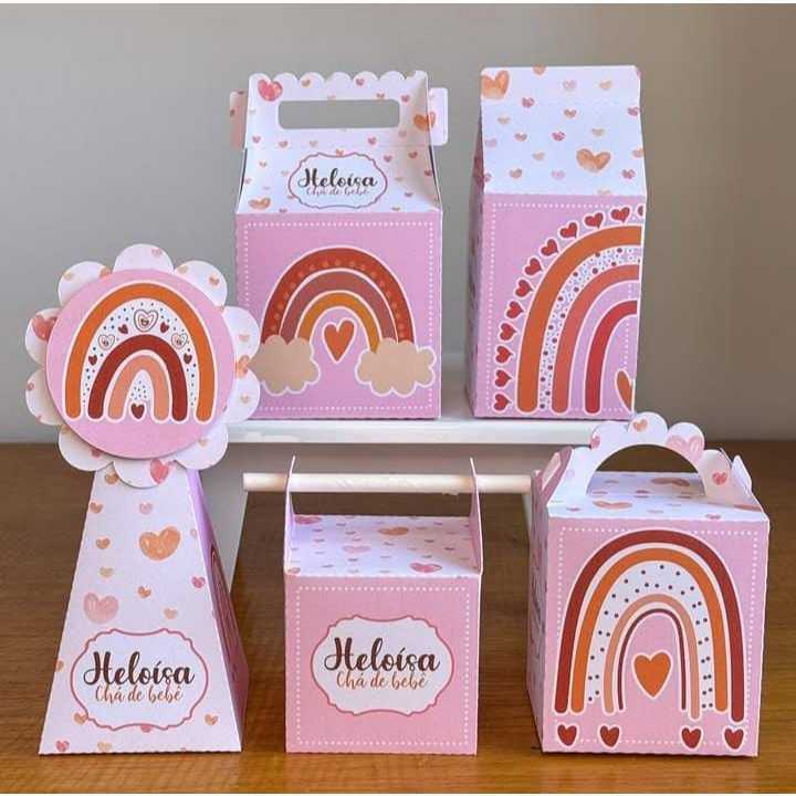 Kit Festa Personalizados Pegue e Monte Arco-Íris Boho Lembrancinha Caixinha Aniversário
