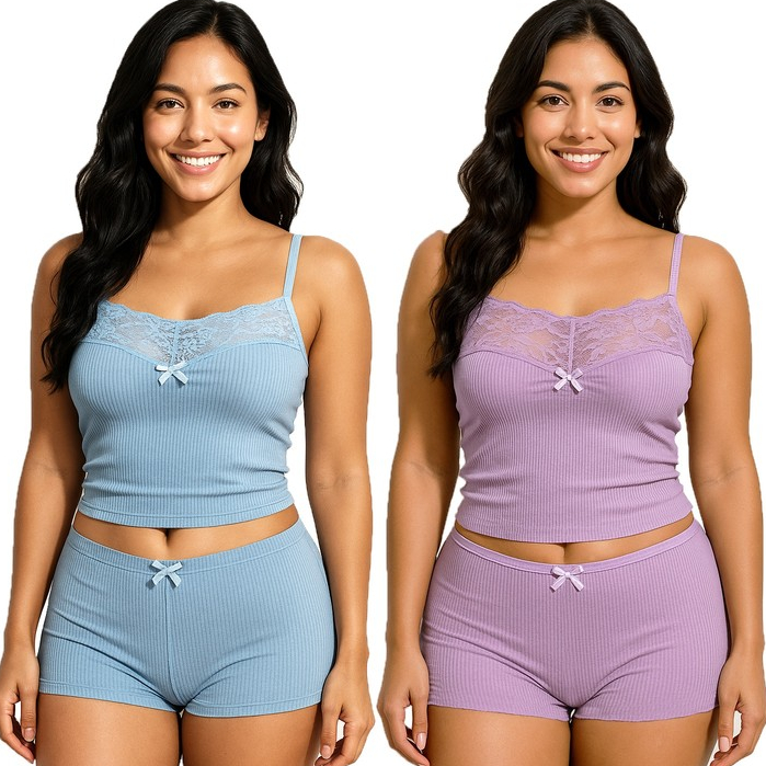 Kit 2 Baby Doll Canelado Azul/Violeta Com Renda Confortável Com Toque Aveludado K2AVBDCRCTA0000065