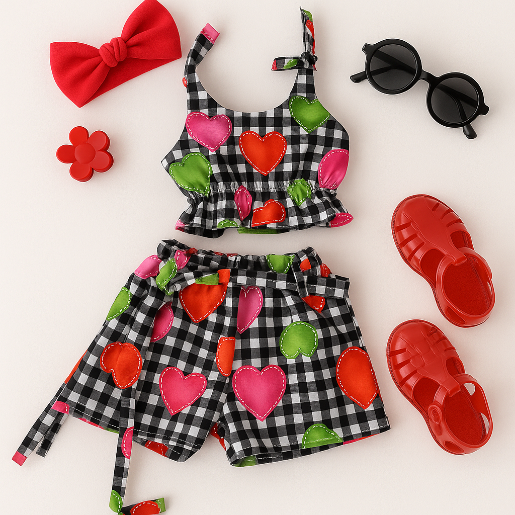 Conjunto Infantil Feminino Xadrez–Cropped com Alça Amarração + Short Clochard com Faixa |Roupa Menina Verão,.